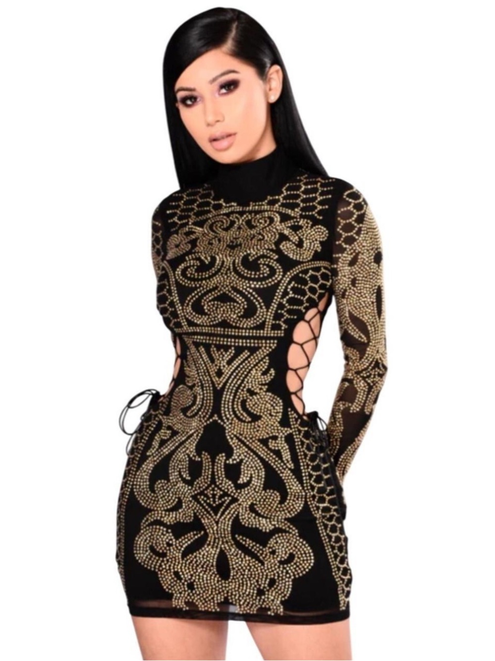 Fashion nova Black & Gold Embellished Long-Sleeve Bodycon Dress XL